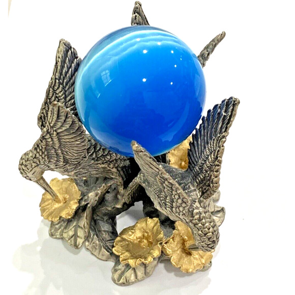 Blue Glass Crystal Ball Paperweight Silver & Gold Metal Hummingbird Orb Holder - Picture 3 of 10